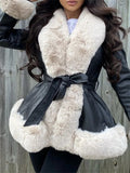 Fur Patchwork PU Leather Jacket Women Fashion Contrast Color Plush Collar Winter Warm Cardigan with Belt Outwear 2023-Outfit