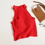 Women Vintage Chinese Button Tank Tops With Bra Pad O-Neck Elegant Crop Tops For Women Off Shoulder