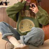Vintage Pullover Women Autumn Winter 2022 New Korean Plus Velvet Thick Print Long-sleeved T Shirt Crewneck