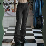 y2k Pockets Flare Jeans Aesthetic Low Waisted Cargo Pants Strecthy Retro Basic Harajuku Trousers Women Korean