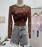 Real Shooting Bow Print Bare Back Net Yarn Sunscreen Long-Sleeved T-Shirt Hottie With Chest Pads Two Short Tops