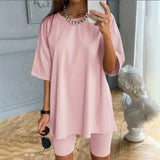 Biker Shorts Tracksuit 2 Pieces Set Female Solid Sets With Belt Half Sleeve 2021 Summer Streetwear Loose Casual New