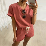 Women's Two Piece Suit 2021 Summer 2 Piece Set Elastic Waist Casual Solid Color Leisure Pajamas Set O-Neck Home
