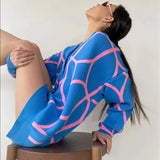 Women's Casual Oversized Cardigan Knitted 2022 Fall New V-neck Lantern Long Sleeve Single-breasted Printed
