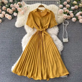 Summer Vintage Women Pleated Dress Red/Pink/Brown Turn-Down Collar Short Sleeve High Waist Casual Draped A-Line Vestido New