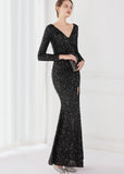 Winter Elegant Deep V Neck Long Sleeve Slit Cocktail Eevening