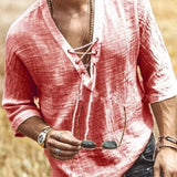 Halloween Costume Hippie Linen Shirt Casual Middle Sleeve V Neck Summer Loose Tee Tops Solid Color T Shirts 2021