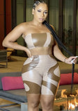 Contrast Color Sexy Leather Bandeau Top and Matching Shorts Party