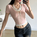 Sweet Spice Girl Lace Splicing Collision Color Fake Two Lace-Up Short-Sleeved T-Shirts Sweet Jackets For Women-Outfit