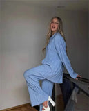 Women Two Piece Pleated Pants Suits Casual Chic Solid Color Long Sleeve Shirts Straight Leg Trousers Set Matching Sets New-Outfit