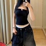 Desire Atmosphere Feeling Girl Little Sexy Bow Splicing Slim Chest Ultra-Short Blouse Two-Piece Set 2024 New Style-Outfit
