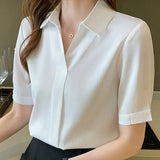 Femme Short Sleeve Women Tops Blouse Women Blusas Mujer De Moda 2021 Turn Down Collar Chiffon White Blouse Shirt