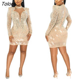 Diamonds Party Dresses Women Hollow Out Long Sleeve Sexy Dress Sheer Mesh Night Clubwear Bodycon O Neck Autumn