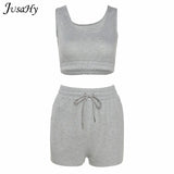 Casual Stretch Solid Two Piece Sets Women 2021 Crop Top and Drawstring Shorts Matching Set Sportswear