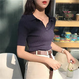 Korean Women Elegant And Casual Polo Plunge Neck Short Sleeve Knitted Shirt Crop