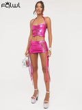 Silver Halter Drawstring 2 Two Piece Sets Summer Outfits For Women 2023 Sexy Hellow Out Mini Skirts Sets Backless