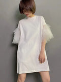 Loose White T Shirt For Women Round Neck Short Sleeve Lace Panel Solid Oversized T Shirts Female Summer Clothing
