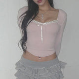 Desire Atmosphere Tie-Up Small Sexy Square Collar Low-Cut Slim Pink Long-Sleeved T-Shirt 2024 Spring / Summer New Style-Outfit