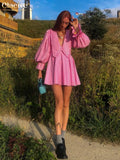 Sexy Deep V-Neck Print Women'S Dress Fashion Doll Collar Lantern Sleeve Mini Dresses Elegant Pink Pleated Female
