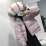 Winter Down Jacket Women Double-sided wear Glossy Short Outerwear Fox fur collar White duck down Coats Students Tops