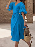 Spring/Summer New Women's Temperament Solid Color Sexy Open Fork Bubble Sleeve With Dress