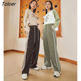 Women Corduroy Sweatpants 2023 Spring Elastic Waist Straight Loose Trousers Side Stripe Casual Basic Sport Long