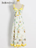 Loose Sling Dress For Women Sleeveless High Waist Print Colorblock Midi Dresses Female Summer Clothing Style