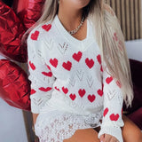 2021 Newest Knitted Sweaters Women Hollow Knit Sweater Pullovers Adults Heart Pattern Long Sleeve V-neck Pullover Solid