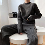 And Winter Solid Color Round Collar Open Fork Sweater Set Women's Loose Knitting Tops Broad Leg Pants Two