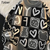 Khaki Lovers Sweet Girl Bear Cartoon Aesthetic Sweater Women Streetwear Plaid Winter Pullover Oversized Streetwear