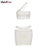 Puss One Shoulder 3 Piece Set Women Sexy Vacation Outfits Strapless Top+Briefs+Mini Skirt Skinny Party Matching