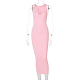 Summer Ribbed Knitted V Neck Black Long Dress Women Sleeveless Slim Party Club Elegant Female Bodycon Midi Dress Streetwear