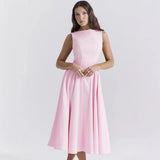 Spring-Summer Women's New Round Collar Bareback Solid Color High Fashion Dress