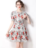 Lace Trims Vintage Print Slim Mini Dress Women O-Neck Short Puff Sleeve Chic Flower High Waist Streetwear Dress