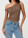 Sexy Women Tank Crop Tops Slim Fit Off Shoulder Sleeveless Solid Color Summer Party Ruched Mini Vest Streetwear 2024-Outfit