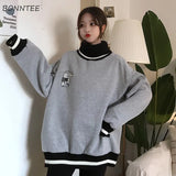 Women Thicker Plus Velvet Solid Striped Printed Oversize Loose Turtleneck Full Sleeve Womens Hoodie Leisure Korean