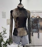 Real Shooting Denim Pattern Dye Printing Retro Babes Thin Mesh T-Shirt High-Necked Long Sleeve Bottom Shirt Top