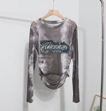 Real Shooting New Long-Sleeved Mesh Spliced Embroidered Denim Bottom T-Shirt Sun Folding Short Top