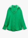 Vintage Solid Satin Blouse Shirts Female Fashion Casual Long Sleeve Button Up Shirt 2022 Ladies Chic Pink Overshirt