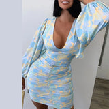 ArtsuWomen Sexy Deep V Neck Floral Print Dresses Long Lantern Sleeve Ruched Dress Elegant Female Bodycon Party Dress