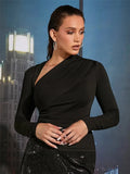 Spring And Summer Asymmetric Neck Folding Side Long-Sleeved