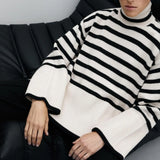 2022 Autumn Winter Oversized Knitted Pullover Women Turtleneck Long Sleeve Khaki Striped Loose Sweater Casual
