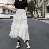Black Long Skirts Women Gothic High Low Ruched Ruffle High Waist Asymmetrical Midi Skirt Korean Fashion Fairy