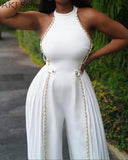 Women White Chain Design Sleeveless Wide Leg