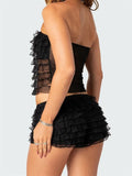 Women Layered Ruffles 2 Piece Summer Outfits Lace Mesh See Through Off Shoulder Tube Tops Shorts Club Streetwear 2024-Outfit