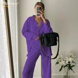 Causal Loose Home Suit Autumn Long Sleeve Blouse With High Wasit Pants Set Women Elegant Pleated Beige 2 Piece Pant