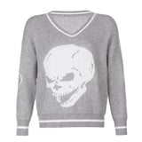Autumn Winter Print V Neck Knitted Jumpers Casual Long Sleeve Harajuku Sweater Women Streetwear Pullover Female