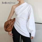White Casual T Shirt For Women Skew Collar Long Sleeve One Off Shoulder Patchwork Irregular Hem T Shirts Female