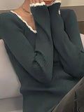 Gray Long Sleeve Knit Top with Contrast Color