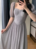 Puff Sleeve Long Dresses for Women Party Korea Fashion Slim Folds Square Collar Streetwear Bodycon Dress Elegant